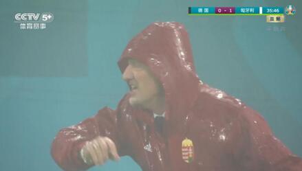（比赛第35分钟，匈牙利主教练罗西在雨中指挥比赛）