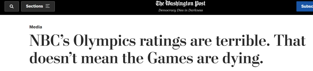 《华盛顿邮报》：NBC冬奥收视率惨淡，但并不意味着比赛在消亡