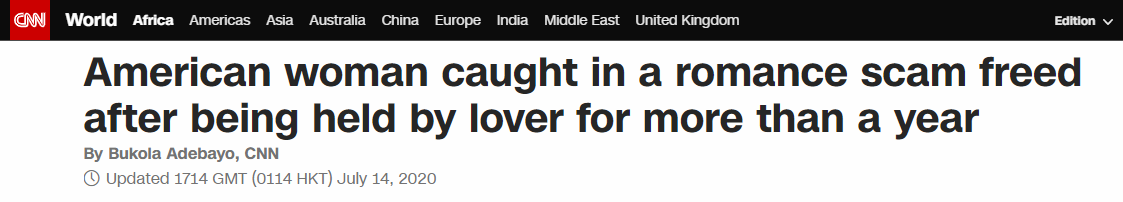 CNN：美国女子陷入“爱情骗局”、被恋人关1年多后重获自由
