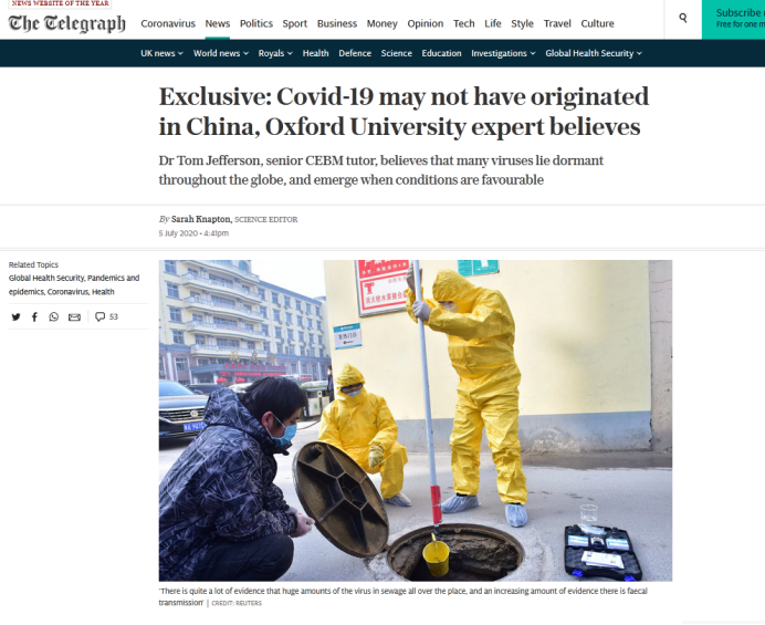 《每日电讯报》：牛津大学专家认为，新冠病毒可能并非源自中国