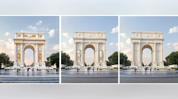 1月23日，特朗普在其自创社交平台上分享了一系列古典凯旋门效果图。图源：美媒