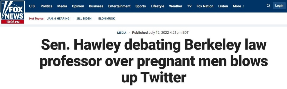 美媒：参议员霍利就男性怀孕问题与伯克利法学教授辩论引爆推特