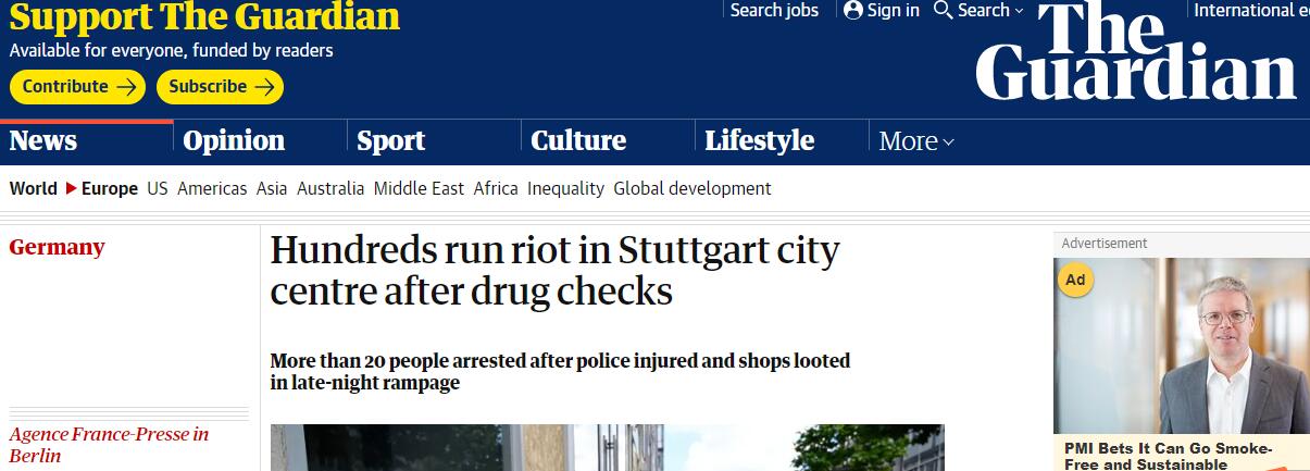 《卫报》：警察查缉毒品之后，数百人在斯图加特市中心爆发骚乱
