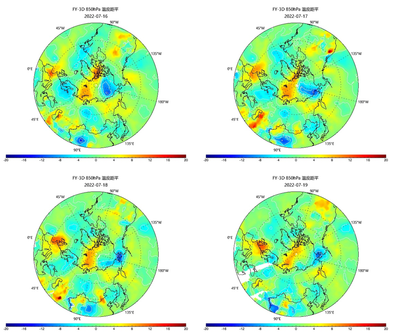 2022年7月14日至19日风云三号D星的北极地区850hpa温度距平图显示，北极区域850hpa温度较2018年至2021年四年同期平均温度整体偏高。特别是西欧、欧洲北部的极区、北美中东部地区温度持续偏高来源：国家卫星气象中心