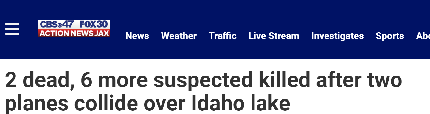 CBS：两架飞机在爱达荷州湖上相撞后，造成2人死亡，另外6人疑似死亡