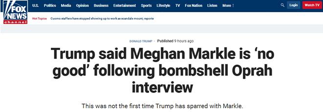 福克斯：美脱欧秀主持人奥普拉爆炸性的采访节目后，特朗普说梅根·马克尔“不好”