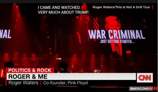 CNN播出视频片段显示，沃特斯此前巡演布景屏幕曾出现指责美国总统拜登是“战争犯”的蒙太奇图像