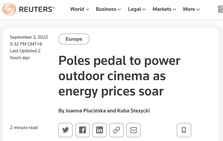 路透社：能源价格飙升，波兰人骑脚踏车为户外影院提供电力