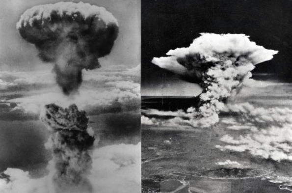 由美军拍摄的广岛原子弹爆炸(右)和长崎原子弹爆炸(左)的画面。日媒报道资料图片