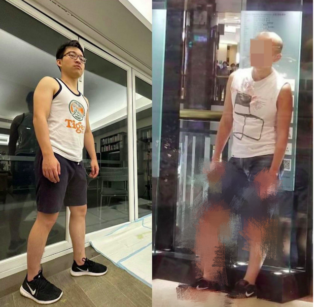 林作（左）模仿香港荷里活广场谋杀案嫌犯（右）的装束，并穿上“同款”运动鞋，声称“可以出售”。图自香港星岛网