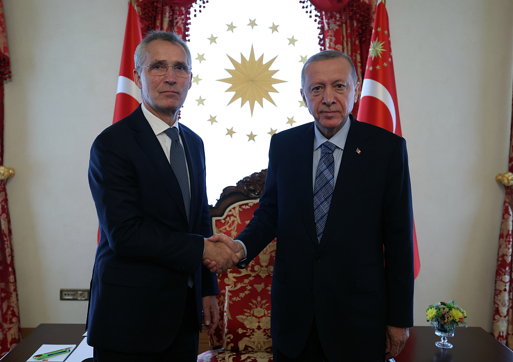 当地时间4日，土耳其伊斯坦布尔，土耳其总统埃尔多安（右）接见北约秘书长斯托尔滕贝格（左）。（视觉中国）