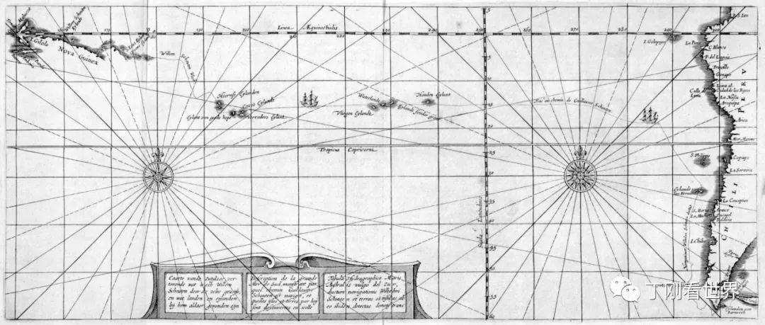 这是1619年在阿姆斯特丹出版的地图。除了显示了斯考滕、勒梅尔的探险航线之外，还标注了一些新发现的南太岛屿。