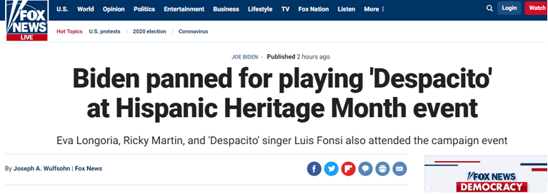 （福克斯新闻：拜登因在拉美裔传统月纪念活动中播放《Despacito》而遭到批评）