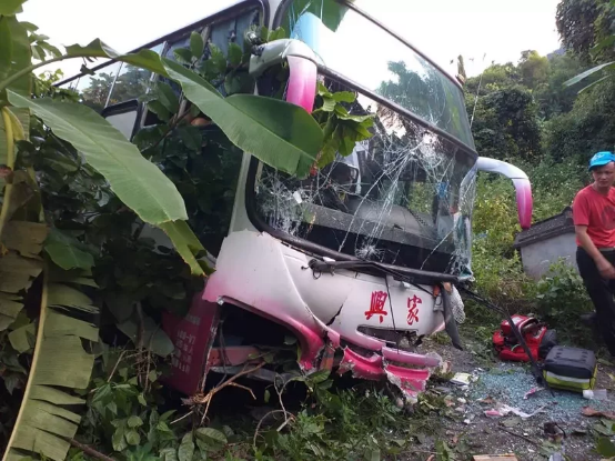 台南一游览车14日傍晚不明原因冲下路边斜坡。（图片来源：台湾《联合报》）