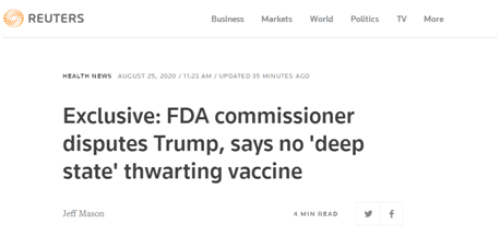 路透独家报道：美药管局局长反驳特朗普说，没有“暗深势力”阻挠疫苗进展