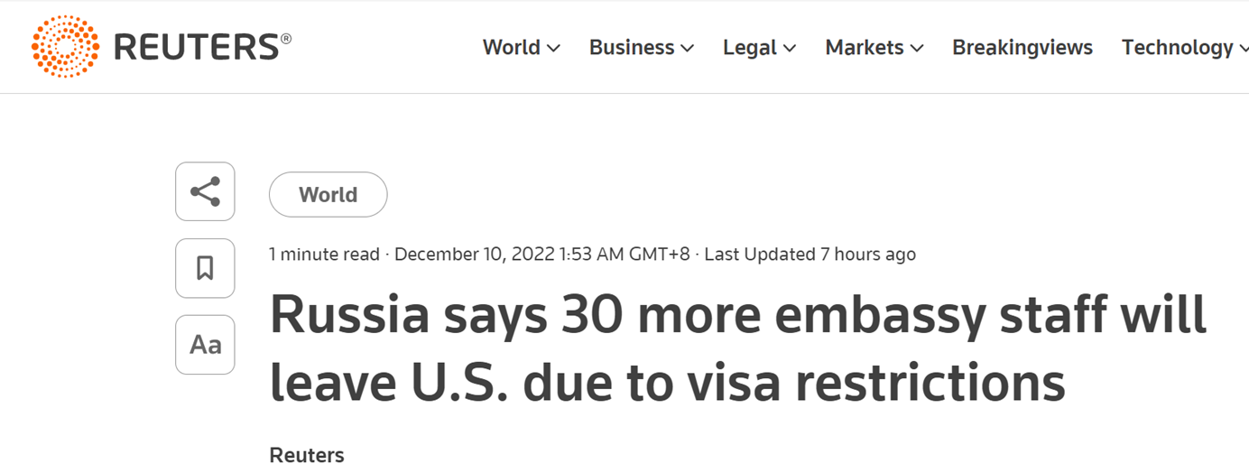 路透社：俄罗斯称因签证限制30多名俄外交官将离开美国