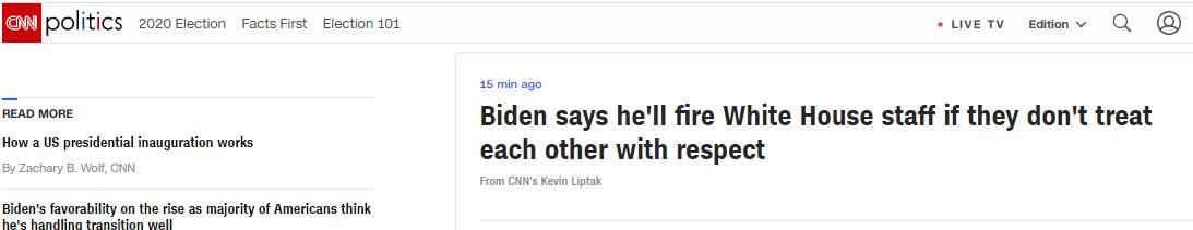 （CNN：拜登表示，如果白宫工作人员对彼此不敬，他将解雇他们）