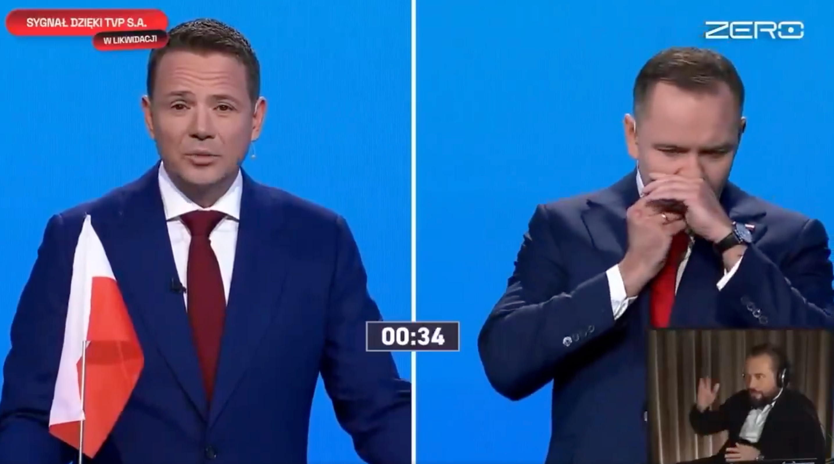 纳夫罗茨基(右)疑似在与恰斯科夫斯基(左)的总统选举电视辩论上吸食“鼻烟”。图自外媒