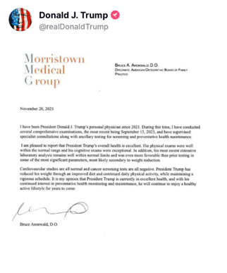 这封信来自特朗普的私人医生 图源:《纽约邮报》引自特朗普社交平台