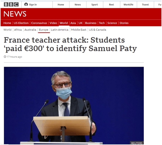 BBC：法国教师被袭击案中，有学生被“支付了300欧元”以确认塞缪尔•帕蒂（受害教师）
