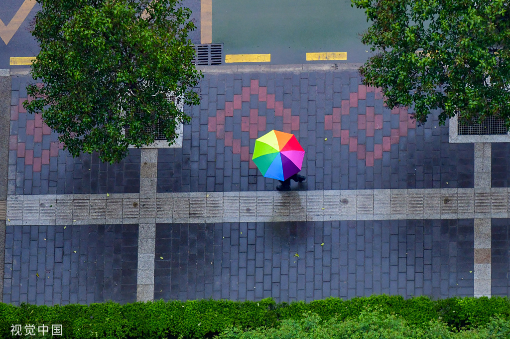 西安迎来春雨 俯瞰早高峰雨中伞花朵朵