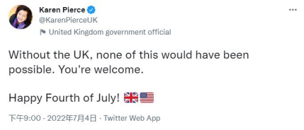 英国驻美国大使凯伦·皮尔斯推特截图