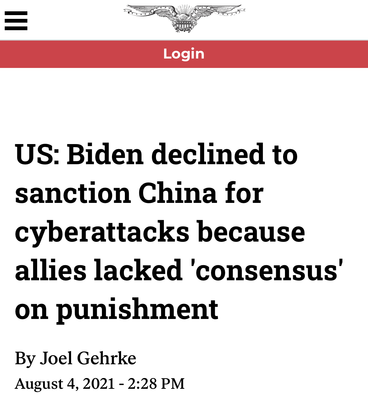 《华盛顿观察家报》报道截图:美国:拜登拒绝对中国的网络攻击进行制裁,因为其盟友对制裁缺乏“共识”