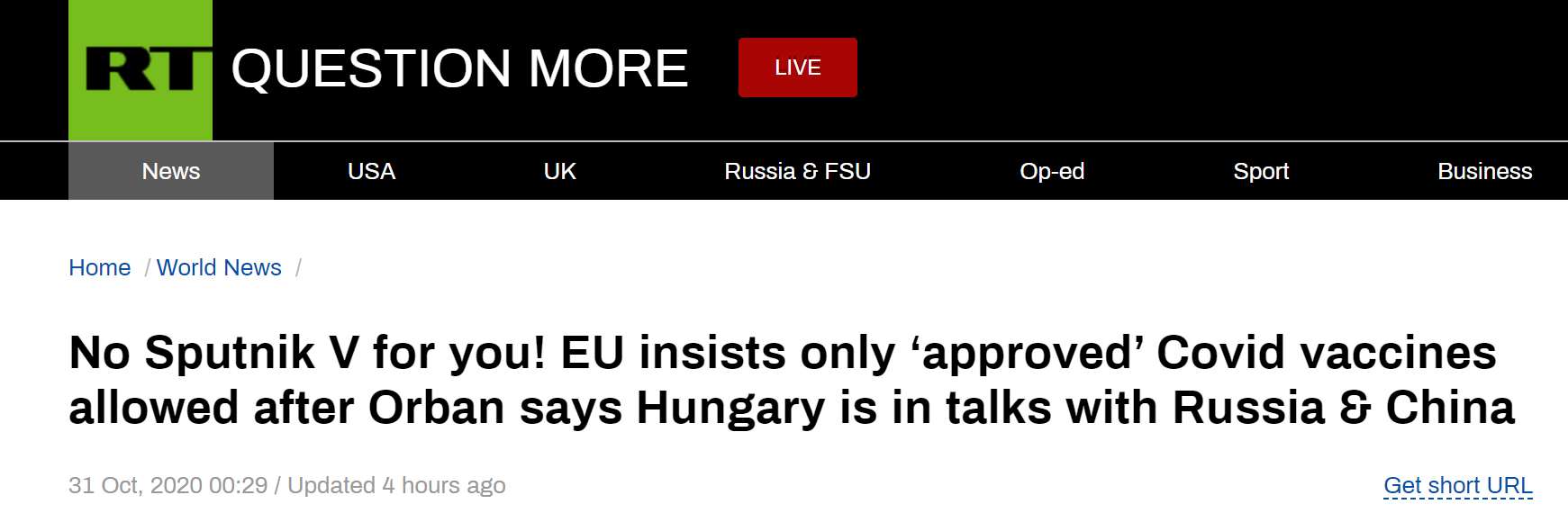 RT：没有卫星V给你们！在欧尔班说匈牙利正与俄中商量（疫苗事宜）后，欧盟坚称只允许使用‘获批的’新冠疫苗