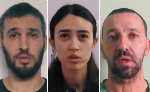 哈马斯14日发布的视频中，（左起）38岁的伊泰·斯维尔斯基、26岁的诺亚·阿尔加马尼、53岁的约西·沙拉比出镜，在最新视频中，斯维尔斯基和沙拉比据称已经死亡。