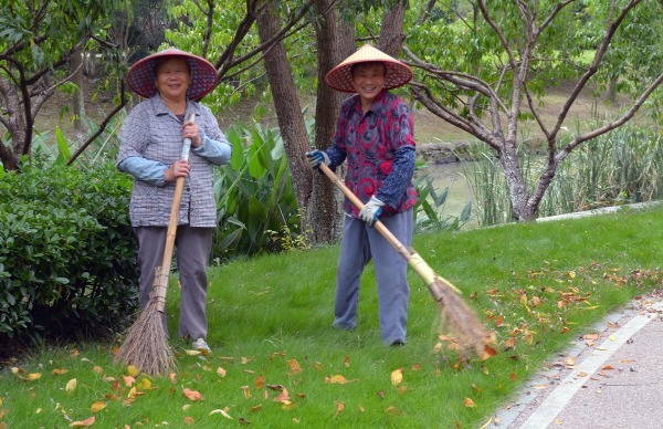 A couple of ladies cleaning a small park in Xiuzhou district, Jiaxing city, East China's Zhejiang province. [Photo provided to chinadaily.com.cn]