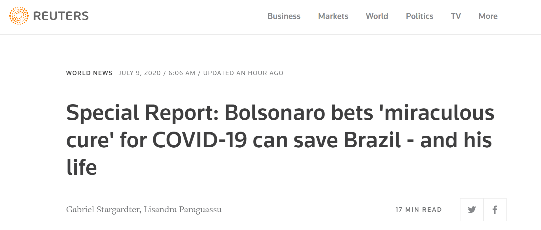 路透社：巴西总统打赌“神奇疗法”可以挽救巴西，以及他的生命