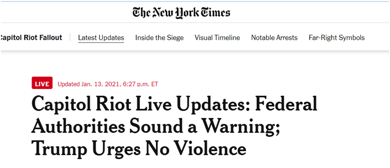 《纽约时报》国会骚乱直播更新：美联邦政府发出警告；特朗普呼吁不要暴力
