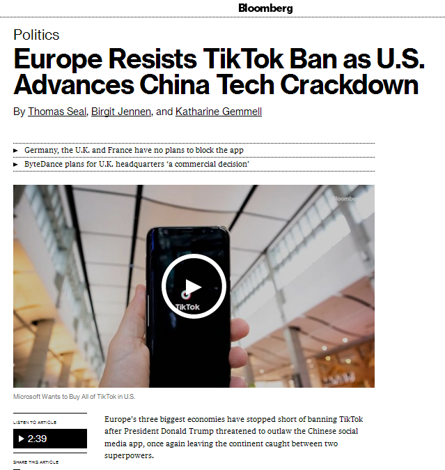 彭博社报道：美国加大力度打压中国科技的同时，欧洲抵制TikTok禁令