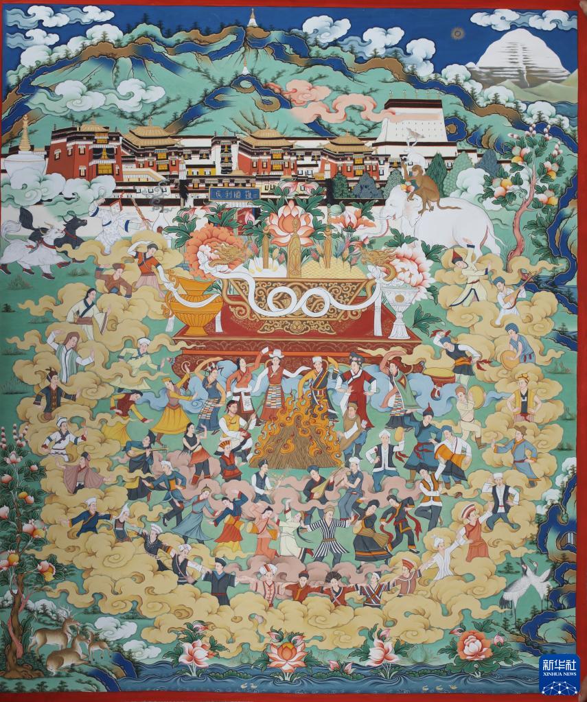 这是西藏勉萨画派非遗传承人西落的作品《团结抱紧》.新华社发