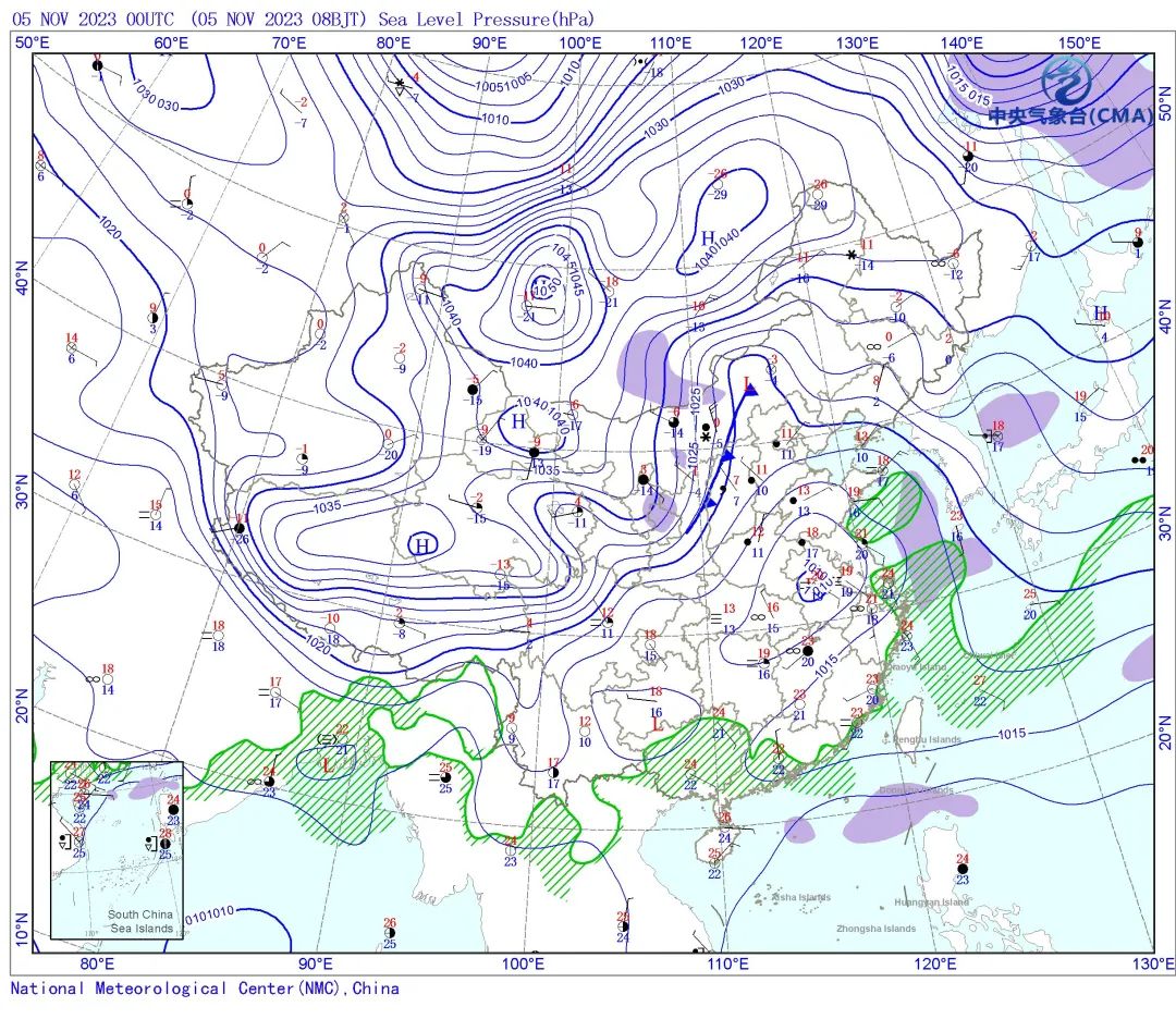 今天08时地面天气图,带三角形蓝色线段为冷锋