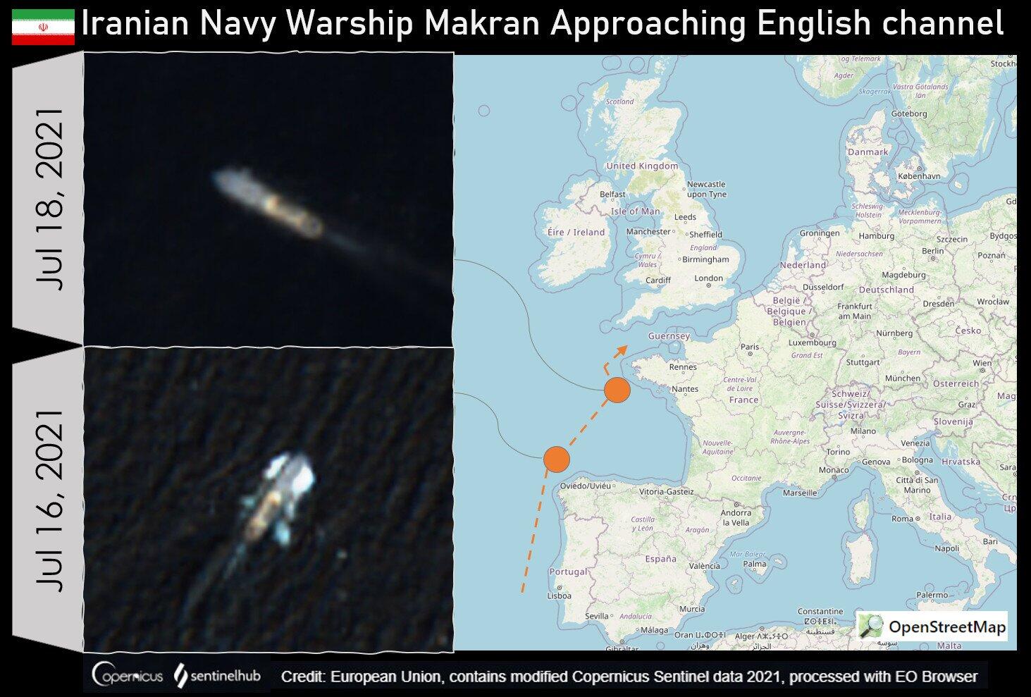 伊朗军舰出现在英吉利海峡附近的卫星照和位置示意图