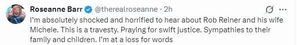 演员罗珊娜·巴尔：“听到罗伯·莱纳和他妻子米歇尔的遭遇，我感到无比震惊和悲痛。这简直是骇人听闻的悲剧。祈祷正义早日到来。向他们的家人和孩子致以最深切的慰问。我此刻悲痛欲绝，不知该如何表达我的感受。”