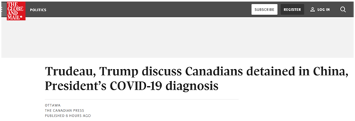 《环球邮报》：特朗普和特鲁多讨论了在华“被拘”加拿大公民，以及特朗普新冠诊断情况
