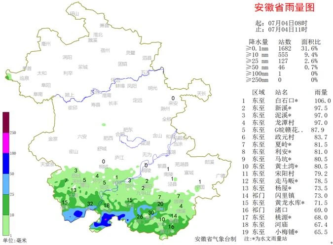 安徽淮河以南地區強降雨46個站點3小時降水量超50毫米