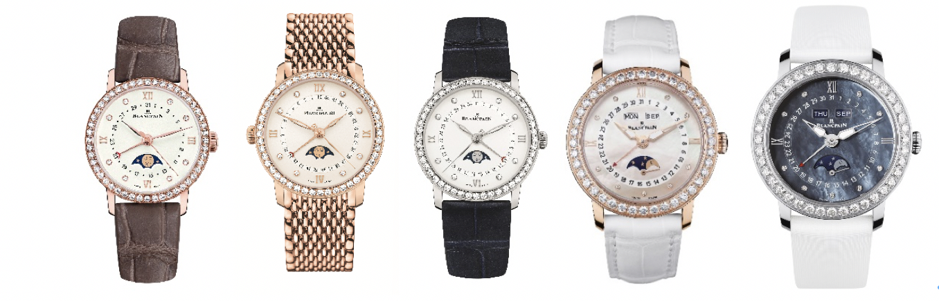 从左至右宝珀女装腕表月亮美人日期指示腕表 6106-红金镶钻-皮表带宝珀女装腕表月亮美人日期指示腕表 6126-红金镶钻-米兰链宝珀女装腕表月亮美人日期指示腕表 6126-白色金镶钻-皮表带宝珀女装腕表月亮美人全历月相腕表 3663-红金镶钻-皮表带宝珀女装腕表月亮美人全历月相腕表 3663-白色金镶钻-皮表带