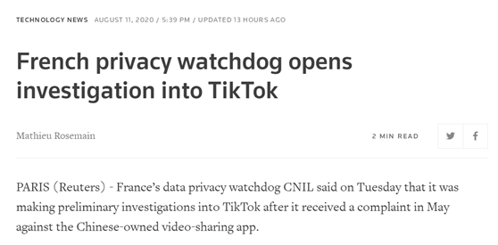 路透社：法国隐私监管机构对TikTok展开调查