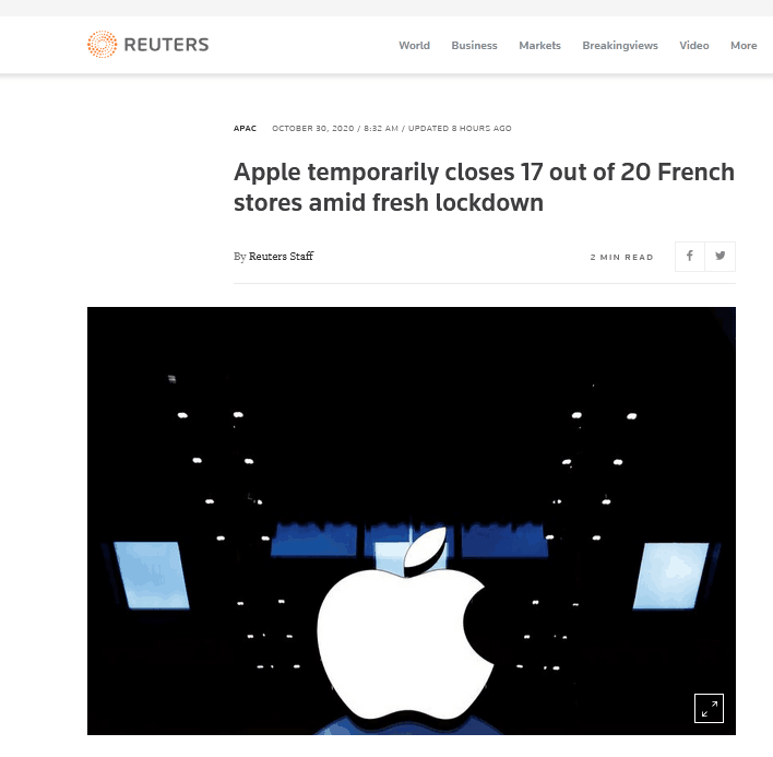 路透社报道：鉴于新一轮“封城”，苹果暂时关闭全法20家门店中的17家