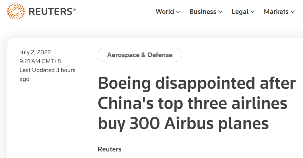 路透社：中国三大航空公司购买300架空客飞机后，波音公司表示失望