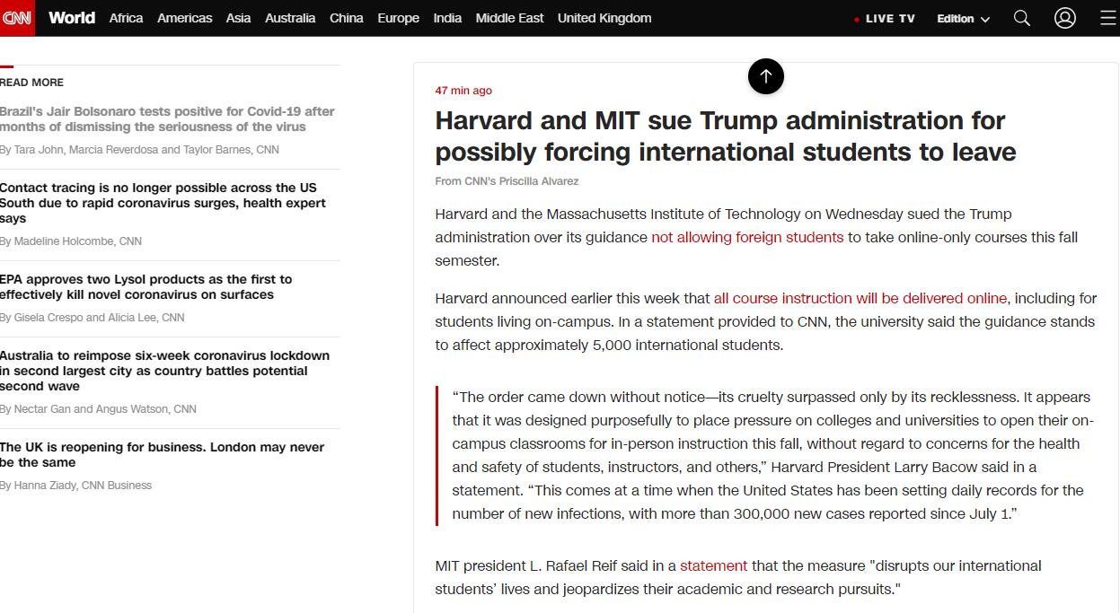 CNN:因收紧国际学生签证可能迫使一些留学生离开美国,哈佛和麻省理工学院起诉特朗普政府