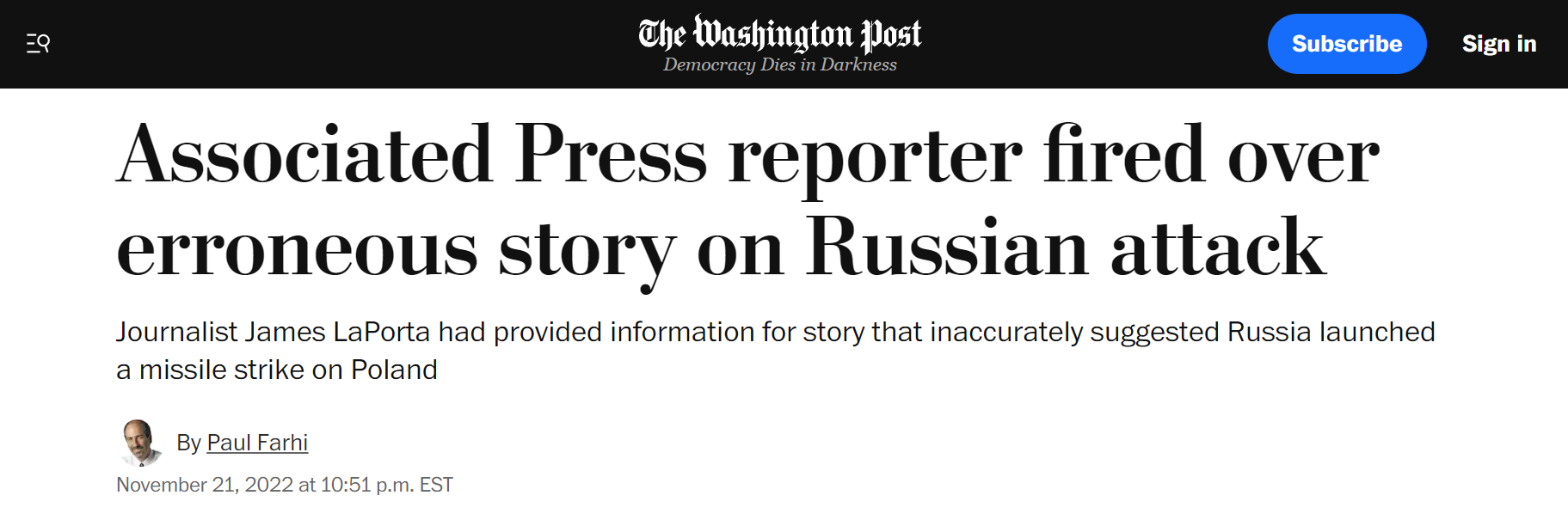 《华盛顿邮报》：美联社记者因关于俄罗斯袭击的错误报道被解雇