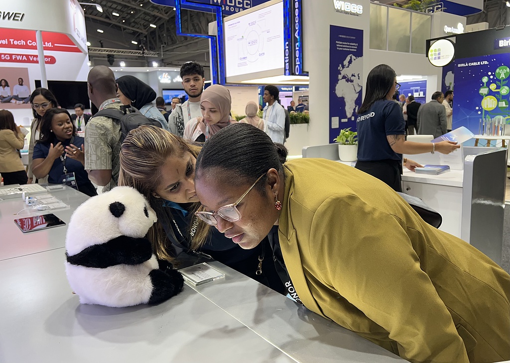 11月11日，非洲科技节参会嘉宾在中国企业展区了解接入AI功能的毛绒玩具。（视觉中国）
