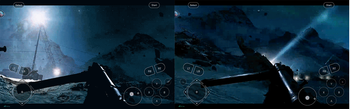 4G网络（左）和5G网络（右）操控对比，注意动作开始的先后