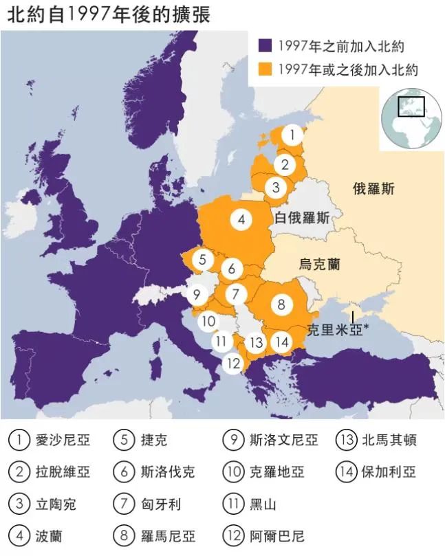 北约扩张示意图。图片来源：英国广播公司（BBC）中文网