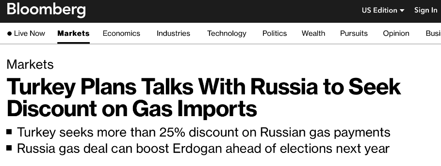 彭博社：土耳其计划与俄罗斯谈判，寻求进口天然气时的折扣