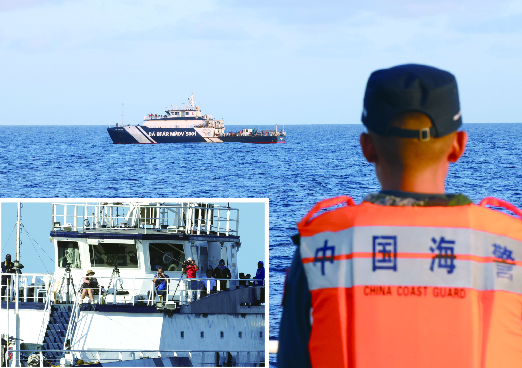 近期,中国海警在南海海域全程跟监菲方船只,小图为菲方船只上的记者。(中国海警局)